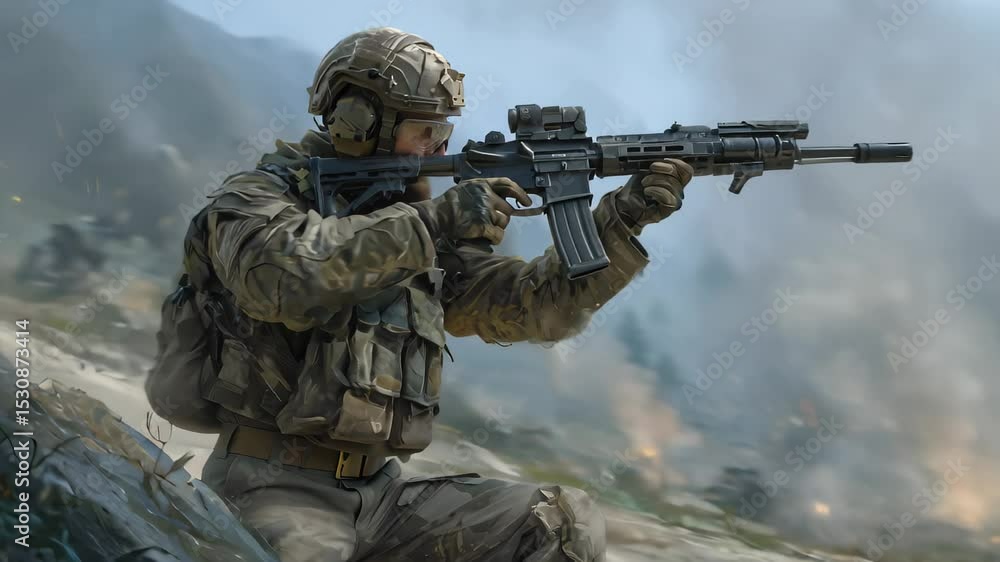 Soldier crouching and aiming rifle while engaging in combat. Rugged terrain with smoke and chaos creates intense atmosphere. Concept of military operations, defense, warfare Soldier crouching and aiming rifle while engaging in combat. Rugged terrain with smoke and chaos creates intense atmosphere. Concept of military operations, defense, warfare