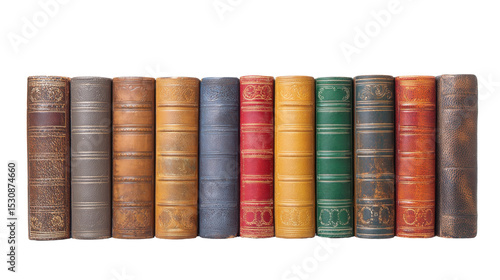 A row of colorful leather-bound books, on a transparent background