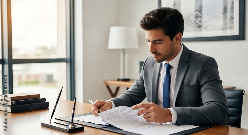 Obraz premium Man in suit reviewing documents at a desk in a bright office