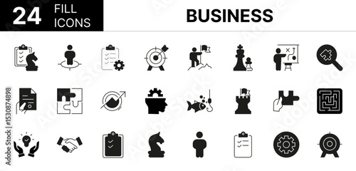 Collection of 24 Business fill icons featuring editable strokes. These outline icons depict various modes of Business, strategy, set, line, team, target, plan, outline, goal, puzzle, thin, people, sol