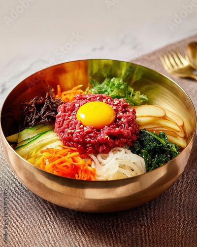 Korean Yukhoe Bibimbap – Traditional Raw Beef Rice Bowl with Vegetables and Egg Yolk