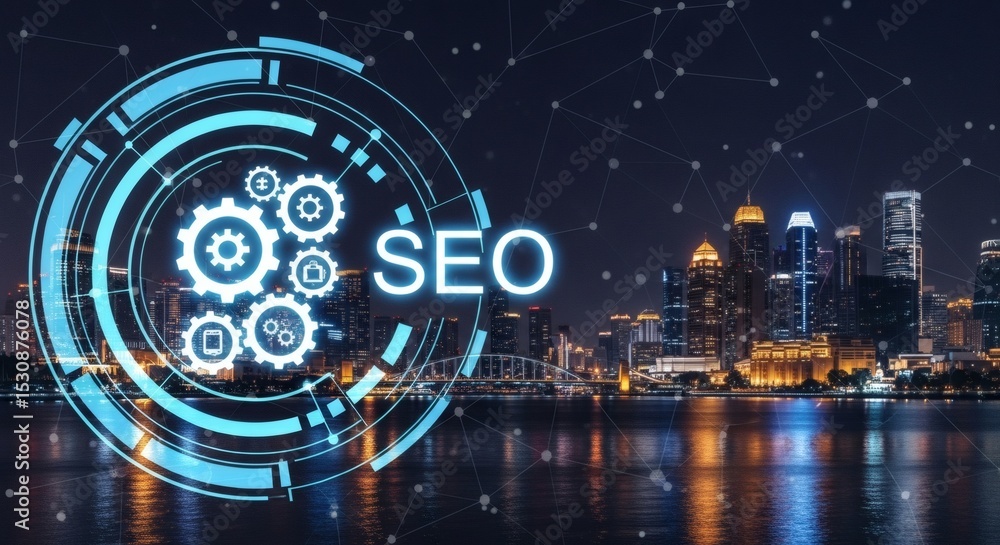 Fototapeta premium SEO gears shine over city skyline Optimization over metropolis.