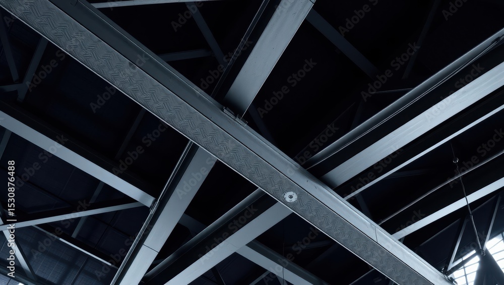 Fototapeta premium Industrial warehouse interior with metal beams and trusses
