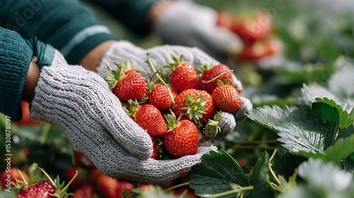 Fresh Strawberries Held in Gloved Hands