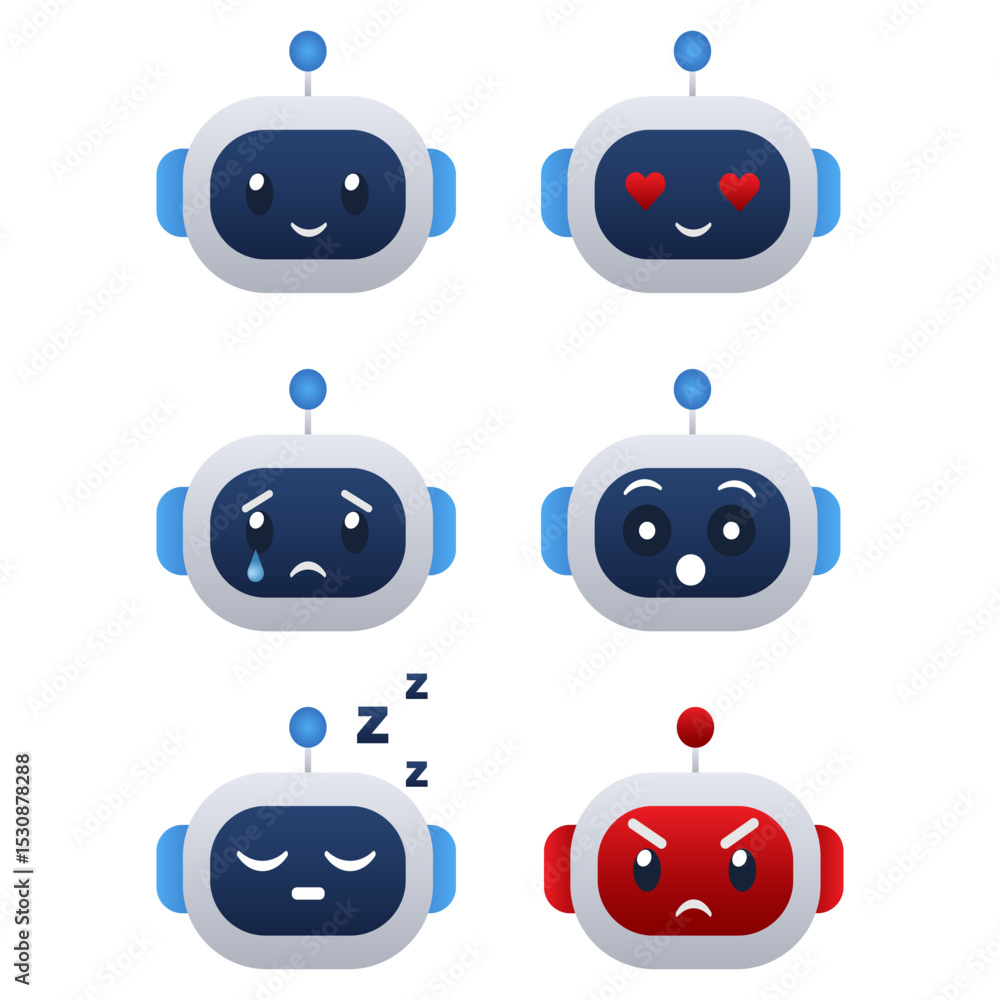 Obraz premium Robot face emoji set vector emotions icons for chatbot or AI. Vector illustration