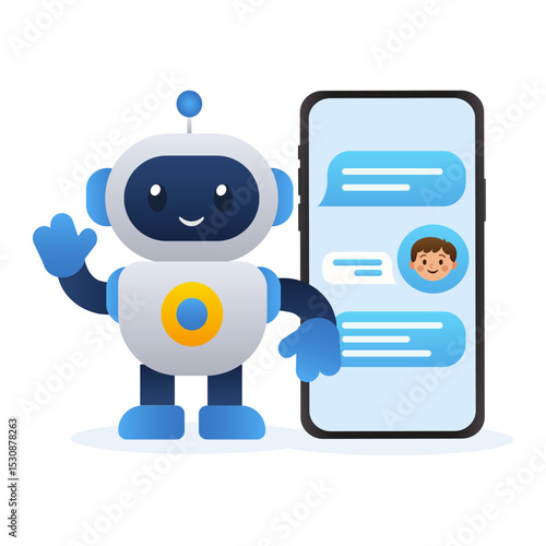 Friendly chatbot robot with smartphone vector illustration of AI assistant. Vector illustration