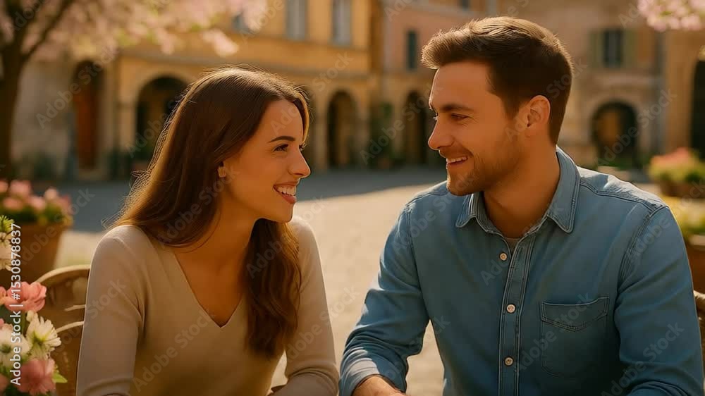 A lovely couple shares a warm moment while sipping coffee at an outdoor table. They are surrounded by vibrant flowers and historic buildings in a picturesque European setting A lovely couple shares a warm moment while sipping coffee at an outdoor table. They are surrounded by vibrant flowers and historic buildings in a picturesque European setting