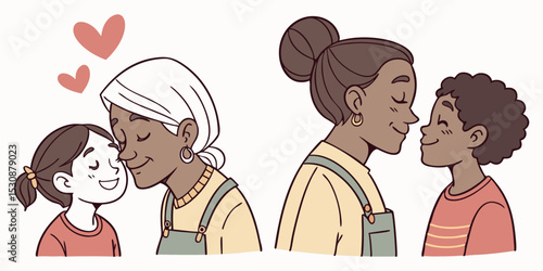 Two pairs of family members sharing a loving moment with hearts floating above them in the image art design vector