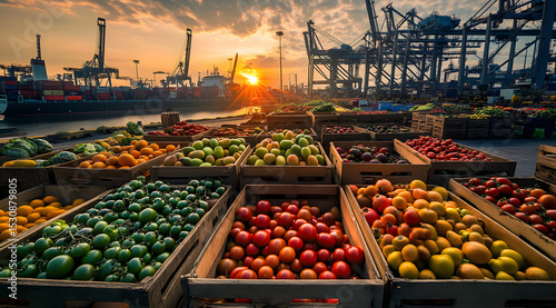 Fresh produce market at port during sunset