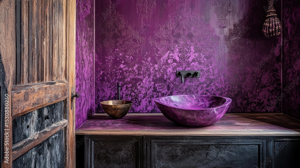 Purple bathroom with wooden sink Purple bathroom with wooden sink