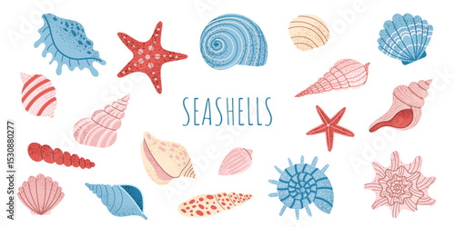 Collection of decorative seashells and starfish in various shapes and colors. Ocean and beach themed clipart for summer designs, packaging, textile, scrapbooking, cards, and stickers.