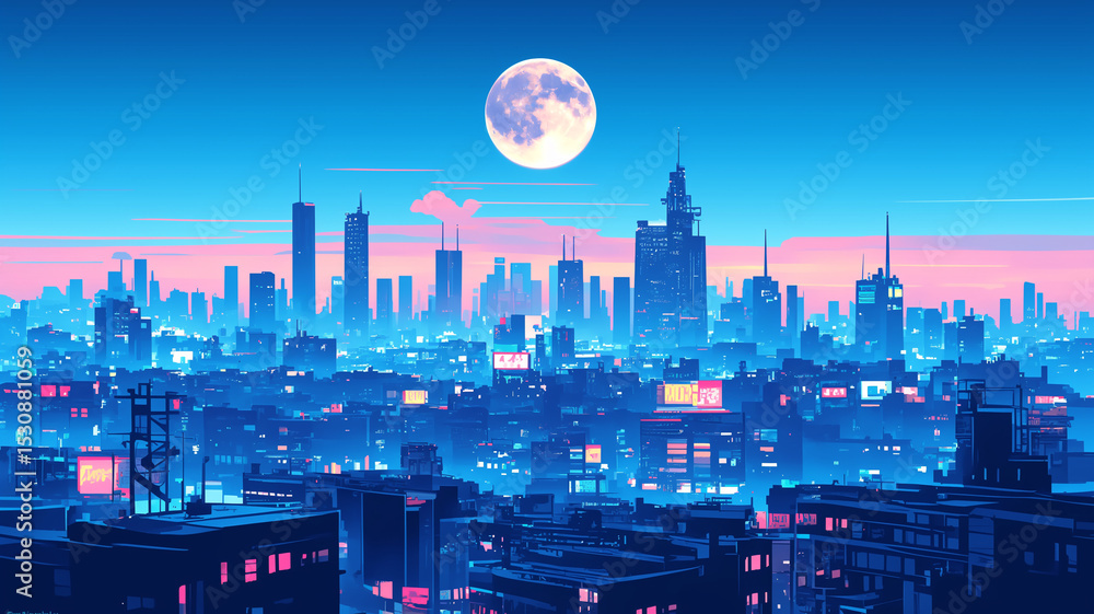 Obraz premium 1980年代レトロシティポップ風夜景都会風景、ネオン光の高速道路と高層ビル群に映るムーンライトと水面反射、都会的でスタイリッシュな夜の街並みを抽象的に表現した横長スカイラインイラスト