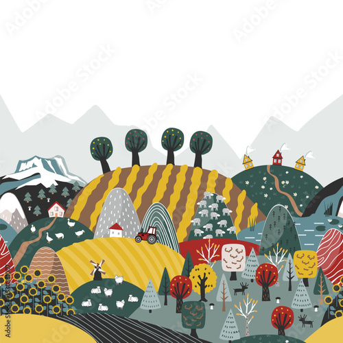 Cute seamless border pattern with doodle hand drawn Scandinavian mountains and fields landscape. Creative children texture. Modern cartoon style vector illustration.
