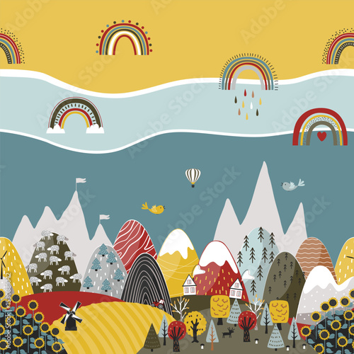 Cute seamless border pattern with doodle hand drawn mountains and fields landscape. Creative children texture for kids fabrics, decor, wallpapers. Modern cartoon style vector illustration