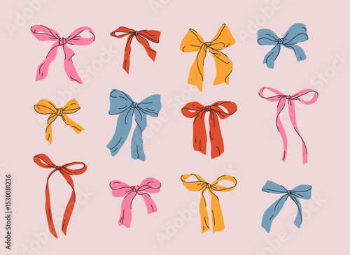 Colorful set of different bows and gift ribbons. Various hand drawn bowknots and hair accessories in vintage style. Trendy flat elements for decoration, invitation, present, wedding celebration, party