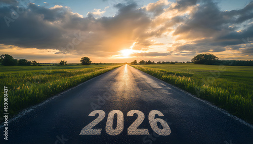 The end of an empty road path and the start of a new year in 2026. New goals for 2026 and leaving behind 2025. Passing. New goals for 2026 and leaving behind