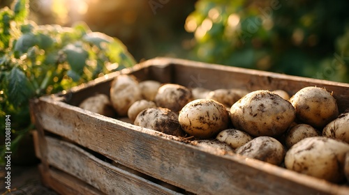 Potatoes in Wooden Crate with Soil and Greenery