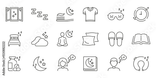 Sleep And Relaxation Line Icon Set. Nighttime Routine, Restful Sleep, And Relaxation Symbols Collection. Bedtime Essentials And Sleep Hygiene. Editable Stroke. Isolated Vector Illustration
