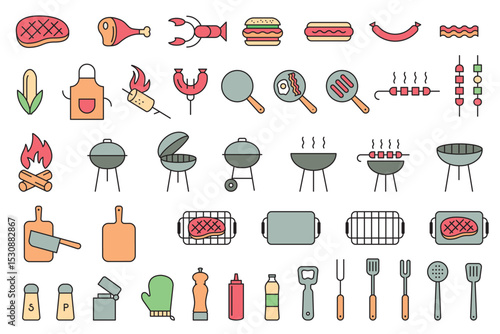 Set of icons for outdoor dining. Barbecue BBQ symbols.