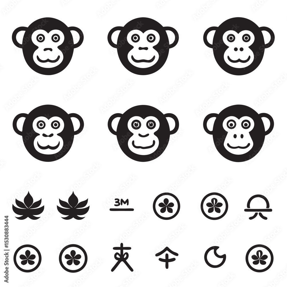 Six Black Line Art Monkey Faces White Background Additional Symbols Six Black Line Art Monkey Faces White Background Additional Symbols