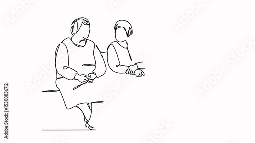 Self drawing animation of one continuous line. Hand drawn animated illustration. woman, grandmother, person, cheerful, retirement, female, bench, lifestyle, talking, smiling, friendship