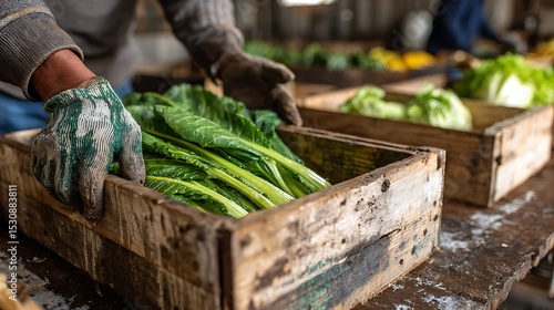 Fresh Produce Harvesting Greens in Wooden Crates