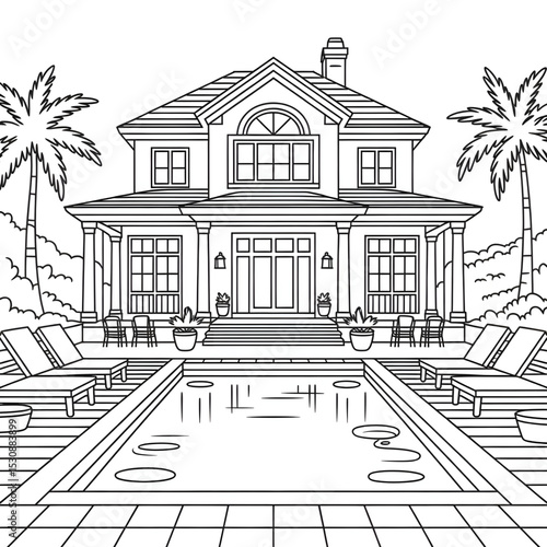 A beautiful luxury house in front swimming pool coloring page