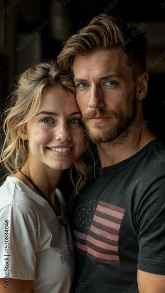 Patriotic couple shares a moment of joy while wearing American flag t-shirts, embodying love for their country and its culture Patriotic couple shares a moment of joy while wearing American flag t-shirts, embodying love for their country and its culture