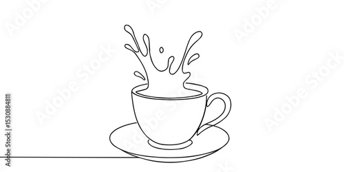 Continuous one line drawing of Coffee or tea splashes out of the cup. Single line drawing illustration of spilled coffee or tea. Coffe or tea concept vector art. Doodle line illustration.

