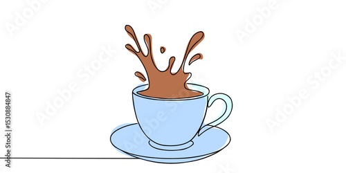 Continuous one line drawing of Coffee or tea splashes out of the cup. Single line drawing illustration of spilled coffee or tea. Coffe or tea concept vector art. Doodle line illustration.

