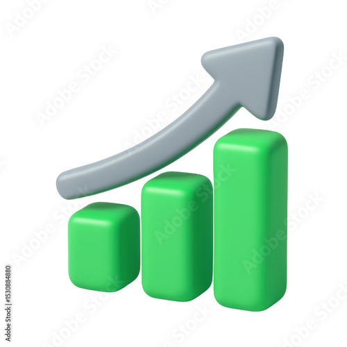 3d cartoon plastic style icon of a green bar graph with a rising arrow, representing positive growth, on a transparent background