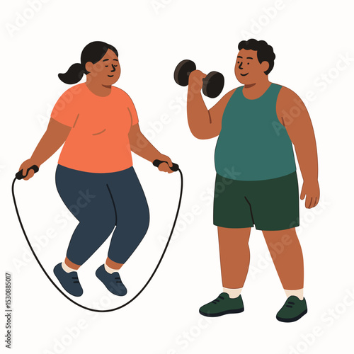 Flat Graphic Overweight People Exercising with Dumbbell and Jump Rope Illustration