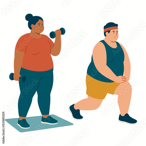 Flat Illustration Overweight People Doing Exercise with Dumbbells and Lunge Workout
