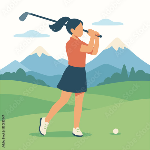 Flat Woman Golfer Swinging Club with Mountain Landscape Illustration