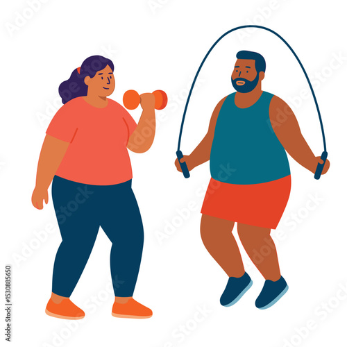 Flat Illustration Diverse People Exercising with Dumbbell and Skipping Rope Character