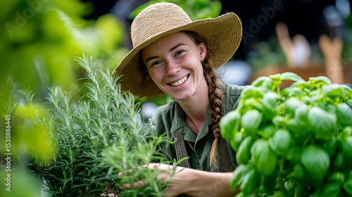 Woman Gardening with Rosemary and Basil Herbs