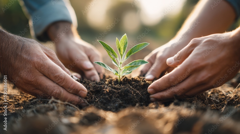 Fototapeta premium Growing together concept with hands of colleagues placing soil around young plant..