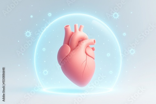 Human heart protected under a glowing dome symbolizing cardiovascular immunity and medical protection
