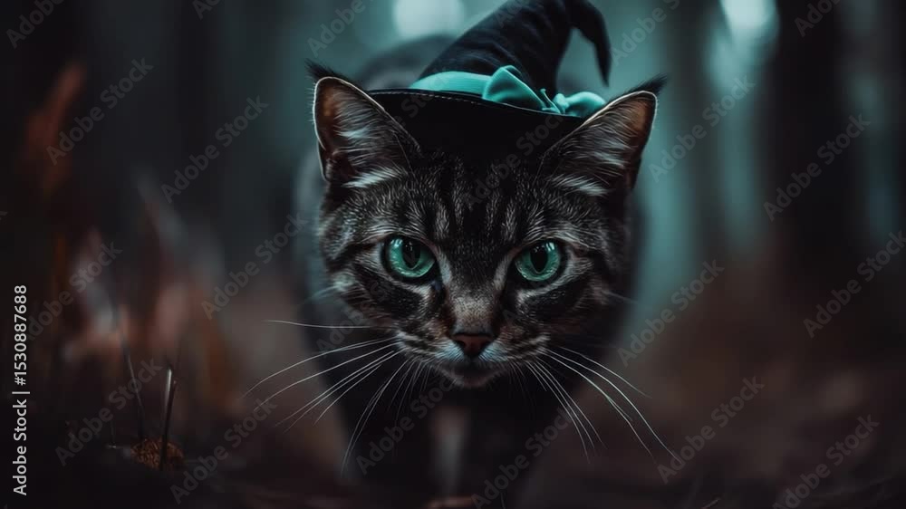 Halloween Cat: A captivating tabby cat with piercing green eyes, adorned in a miniature witch's hat, gazes intently forward in a dark, mysterious forest setting. Halloween Cat: A captivating tabby cat with piercing green eyes, adorned in a miniature witch's hat, gazes intently forward in a dark, mysterious forest setting.