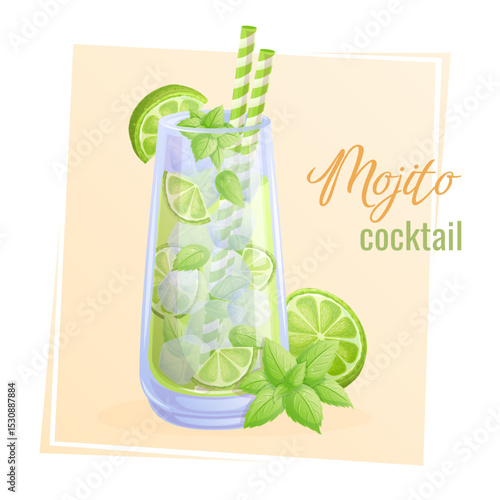 Mojito cocktail in a glass, ice, mint, lime wedges. The concept of a party, cocktail bar, summer. Isolated vector illustration for menu design, posters, banners, covers