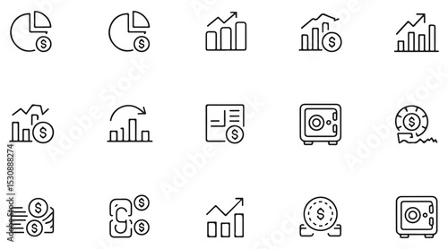 Fifteen Black Line Icons Depicting Financial Concepts Including Pie Charts Bar Graphs Upward and Downward Trends Dollar Signs Coins and Safes on White Background