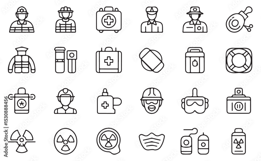 Collection of Black and White Line Icons Depicting Emergency Medical Personnel Safety Equipment and Hazardous Materials Symbols Including Firefighters Paramedics First Responders and Radiation Icons Collection of Black and White Line Icons Depicting Emergency Medical Personnel Safety Equipment and Hazardous Materials Symbols Including Firefighters Paramedics First Responders and Radiation Icons