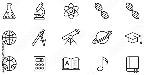 Collection of Black and White Line Art Icons Depicting Educational and Scientific Concepts Including Erlenmeyer Flask Microscope Atom D N A Strands Globe Compass Telescope Planet Graduation Cap