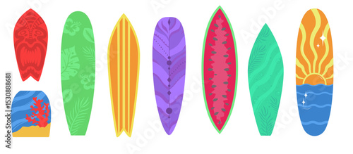  Set of colorful surfboards with unique patterns and shapes.   Hand drawn flat illustrations perfect for beach themed designs, summer projects, apparel prints, and tropical lifestyle branding