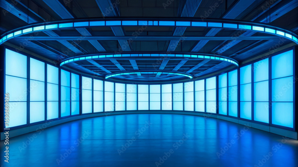 Futuristic blue studio with curved lighting and large windows. Agile business team concept. Futuristic blue studio with curved lighting and large windows. Agile business team concept.