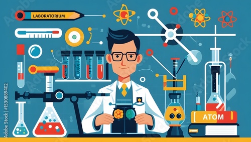 Colorful Graphic Design of Scientist Doing His Job Calcullating the Perfect Combination of an Experiment of Particles and Atom Stock Photos