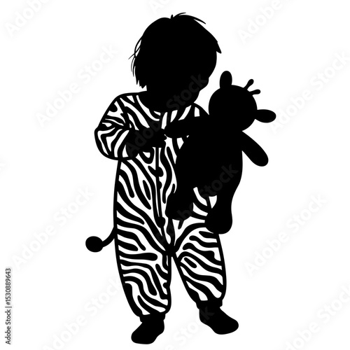 Silhouette of child with plush toy in zebra onesie on white background, cozy childhood theme