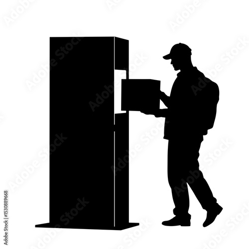 Silhouette of person retrieving package from locker with phone, contactless delivery concept