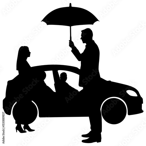 Silhouette of chauffeur with umbrella for client exiting vehicle, luxury service care
