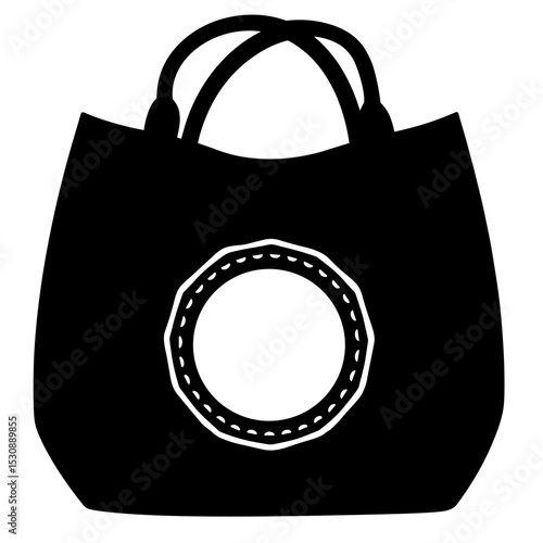 Black tote bag silhouette with circular textile label icon, brand transparency illustration